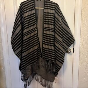 NWT Gray and Black Striped Cape Poncho Shawl w/ Fringe Striped